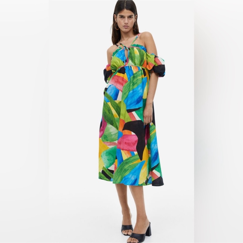H&M Linen-blend Off-the-shoulder Puff Sleeve Midi Dress Green/Patterned Size XL